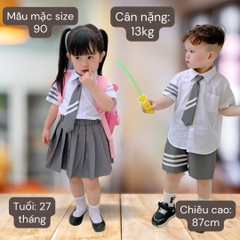 Set đồ sơ mi đồng phục đôi ngắn tay cho bé trai bé gái phối sọc kèm cà vạt đi học đi chơi 1đến 7t BERNIE 23B356