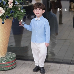 Set sơ mi dài tay màu xanh cho bé trai công tử có nơ mặc thôi nôi sinh nhật sự kiện 1 đến 7 tuổi BERNIE H1025B26Đ