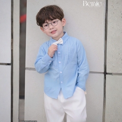 Set sơ mi dài tay màu xanh cho bé trai công tử có nơ mặc thôi nôi sinh nhật sự kiện 1 đến 7 tuổi BERNIE H1025B26Đ