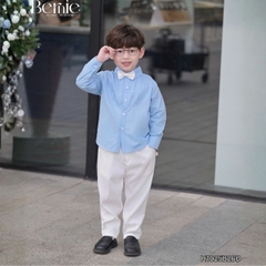 Set sơ mi dài tay màu xanh cho bé trai công tử có nơ mặc thôi nôi sinh nhật sự kiện 1 đến 7 tuổi BERNIE H1025B26Đ