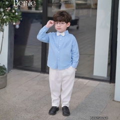 Set sơ mi dài tay màu xanh cho bé trai công tử có nơ mặc thôi nôi sinh nhật sự kiện 1 đến 7 tuổi BERNIE H1025B26Đ