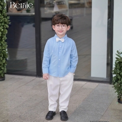 Set sơ mi dài tay màu xanh cho bé trai công tử có nơ mặc thôi nôi sinh nhật sự kiện 1 đến 7 tuổi BERNIE H1025B26Đ