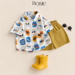 Set sơ mi tơ đũi cho bé trai đi biển đi chơi áo họa tiết hoa lá cây dừa nổi bật kèm quần BERNIE