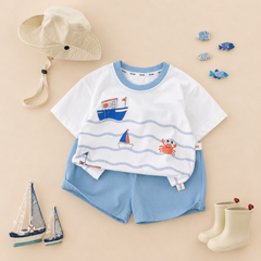 Set bộ ngắn tay đi chơi đi biển họa tiết Đại Hải Trình kèm quần short cho bé trai size 9 tới 25kg BERNIE H0226B31