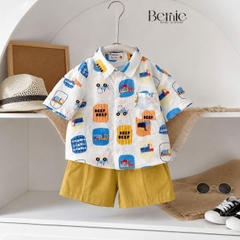 Set sơ mi tơ đũi cho bé trai đi biển đi chơi áo họa tiết hoa lá cây dừa nổi bật kèm quần BERNIE