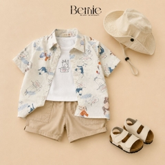  Set sơ mi 3 chi tiết tay ngắn cho bé trai họa tiết Mèo Khám Phá kèm quần short kaki size 9 tới 28kg BERNIE H1025B74Đ