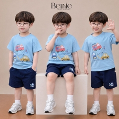 Set bộ tay ngắn họa tiết Car ô tô sắc màu cho bé trai áo thun cotton và quần short 1 đến 7 tuổi BERNIE T1025B23Đ