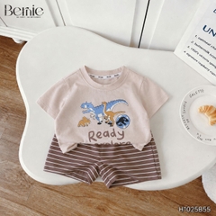 Set bộ thun cotton áo tay ngắn họa tiết khủng long Ready kèm quần short cho bé trai 1 đến 7 tuổi BERNIE H1025B55