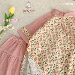 Áo dài tết cách tân bé gái nhung tăm hoa nhí BERNIE màu hồng vàng bé 8 đến 23 kg
