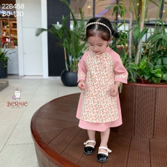 Áo dài tết cách tân bé gái nhung tăm hoa nhí BERNIE màu hồng vàng bé 8 đến 23 kg