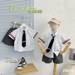 Set đồ bộ đi chơi bé trai BERNIE áo sơ mi trắng ngắn tay và cà vạt phối kẻ cho bé từ 9 đến 24kg.