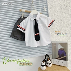 Set đồ bộ đi chơi bé trai BERNIE áo sơ mi trắng ngắn tay và cà vạt phối kẻ cho bé từ 9 đến 24kg.