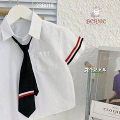 Set đồ bộ đi chơi bé trai BERNIE áo sơ mi trắng ngắn tay và cà vạt phối kẻ cho bé từ 9 đến 24kg.