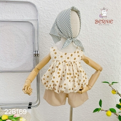 Set bộ thun ngắn tay đi chơi bé gái BERNIE hoa nhí áo phồng màu vàng hồng be đỏ bé đi chơi đi biển bé 9 đến 24kg