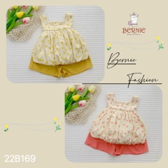 Set bộ thun ngắn tay đi chơi bé gái BERNIE hoa nhí áo phồng màu vàng hồng be đỏ bé đi chơi đi biển bé 9 đến 24kg