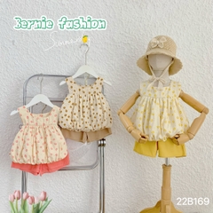 Set bộ thun ngắn tay đi chơi bé gái BERNIE hoa nhí áo phồng màu vàng hồng be đỏ bé đi chơi đi biển bé 9 đến 24kg