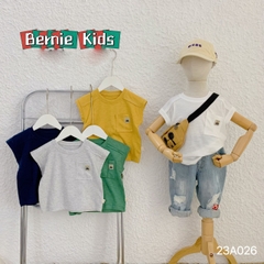 Áo tanktop cotton xược túi ngực thêu gấu dáng hàn quốc cho bé trai bé gái từ 9đến 24kg BERNIE 23A026