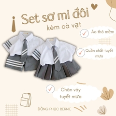 Set đồ sơ mi đồng phục đôi ngắn tay cho bé trai bé gái phối sọc kèm cà vạt đi học đi chơi 1đến 7t BERNIE 23B356