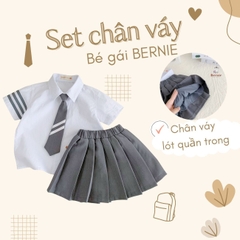Set đồ sơ mi đồng phục đôi ngắn tay cho bé trai bé gái phối sọc kèm cà vạt đi học đi chơi 1đến 7t BERNIE 23B356
