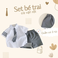 Set đồ sơ mi đồng phục đôi ngắn tay cho bé trai bé gái phối sọc kèm cà vạt đi học đi chơi 1đến 7t BERNIE 23B356