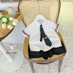 Set đồ bộ đi chơi bé trai BERNIE áo sơ mi trắng ngắn tay và cà vạt phối kẻ cho bé từ 9 đến 24kg.