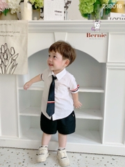 Set đồ bộ đi chơi bé trai BERNIE áo sơ mi trắng ngắn tay và cà vạt phối kẻ cho bé từ 9 đến 24kg.