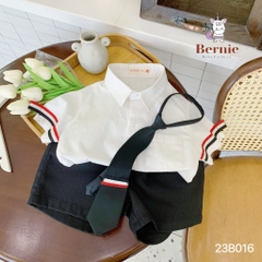 Set đồ bộ đi chơi bé trai BERNIE áo sơ mi trắng ngắn tay và cà vạt phối kẻ cho bé từ 9 đến 24kg.
