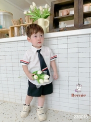 Set đồ bộ đi chơi bé trai BERNIE áo sơ mi trắng ngắn tay và cà vạt phối kẻ cho bé từ 9 đến 24kg.