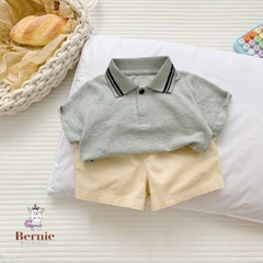 Bộ tay ngắn thun polo sọc kèm quần short trắng bé trai phong cách Hàn quốc size 1 tới 7 tuổi BERNIE