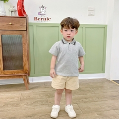 Bộ tay ngắn thun polo sọc kèm quần short trắng bé trai phong cách Hàn quốc size 1 tới 7 tuổi BERNIE