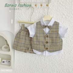 Set bộ quần áo vest set sơ mi ngắn tay công tử bé trai đính nơ rời mặc sinh nhật đi chơi đi tiệc 1 đến 7 tuổi BERNIE