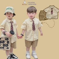 Set sơ mi ngắn tay cho bé trai họa tiết tổng hợp áo sơ mi quần short sành điệu 1 đến 7 tuổi BERNIE