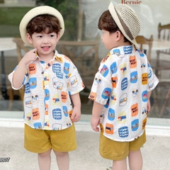 Set sơ mi tơ đũi cho bé trai đi biển đi chơi áo họa tiết hoa lá cây dừa nổi bật kèm quần BERNIE