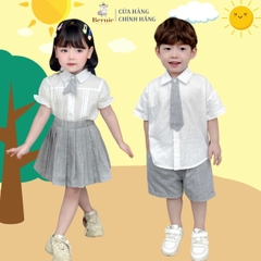 Set sơ mi trắng đồng phục đôi cho bé trai bé gái kèm cà vạt quần kaki ngắn đi học đi tiệc 1 đến 7t BERNIE 0124b32