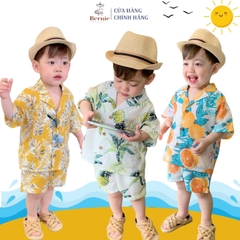 Set sơ mi đũi ngắn tay cho bé trai bé gái đi biển nhiều họa tiết bộ quần áo đi chơi sành điệu 1 đến 7 tuổi BERNIE