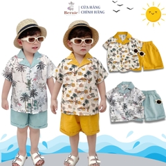 Set sơ mi tơ đũi kèm quần ngắn cho bé trai đi biển đi chơi áo họa tiết hoa lá cây dừa nổi bật kèm quần BERNIE