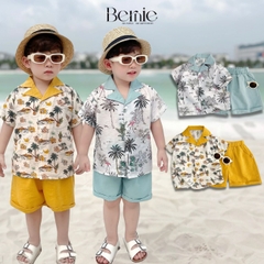 Set sơ mi tơ đũi kèm quần ngắn cho bé trai đi biển đi chơi áo họa tiết hoa lá cây dừa nổi bật kèm quần BERNIE