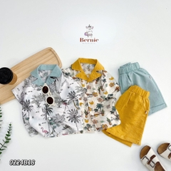 Set sơ mi tơ đũi kèm quần ngắn cho bé trai đi biển đi chơi áo họa tiết hoa lá cây dừa nổi bật kèm quần BERNIE
