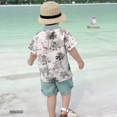 Set sơ mi tơ đũi kèm quần ngắn cho bé trai đi biển đi chơi áo họa tiết hoa lá cây dừa nổi bật kèm quần BERNIE