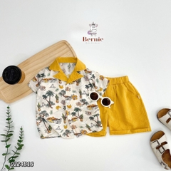 Set sơ mi tơ đũi kèm quần ngắn cho bé trai đi biển đi chơi áo họa tiết hoa lá cây dừa nổi bật kèm quần BERNIE