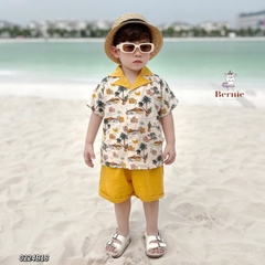 Set sơ mi tơ đũi kèm quần ngắn cho bé trai đi biển đi chơi áo họa tiết hoa lá cây dừa nổi bật kèm quần BERNIE