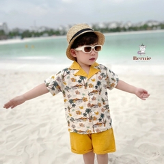 Set sơ mi tơ đũi kèm quần ngắn cho bé trai đi biển đi chơi áo họa tiết hoa lá cây dừa nổi bật kèm quần BERNIE