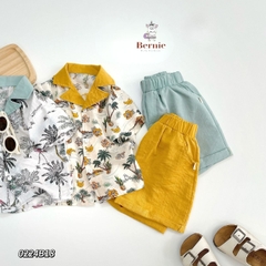 Set sơ mi tơ đũi kèm quần ngắn cho bé trai đi biển đi chơi áo họa tiết hoa lá cây dừa nổi bật kèm quần BERNIE
