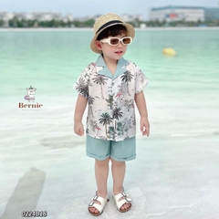 Set sơ mi tơ đũi kèm quần ngắn cho bé trai đi biển đi chơi áo họa tiết hoa lá cây dừa nổi bật kèm quần BERNIE