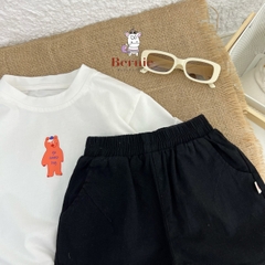 Set đồ thun đi chơi bé trai bé gái áo trắng thun cotton in gấu kèm quần kaki ngắn đen 1 đến 7 tuổi BERNIE
