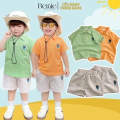 Set bộ bé trai áo thun Polo ngắn tay thêu gấu kèm quần short cho bé đi chơi đi học size 9kg tới 25kg BERNIE 22B486