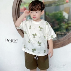 Set bộ thun cotton cho bé trai áo thun ngắn tay họa tiết cá sấu phối quần short đắp túi 1đến 7 tuổi BERNIE 0424B17