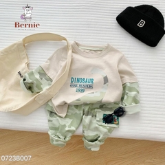 Set đồ bộ thun dài tay khủng long chất cotton cho bé trai họa tiết loang màu phối tay cho bé 1 đến 7 tuổi BERNIE 0723B007
