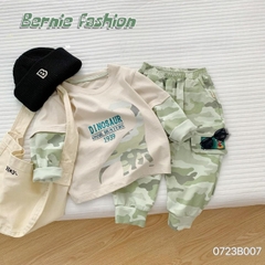 Set đồ bộ thun dài tay khủng long chất cotton cho bé trai họa tiết loang màu phối tay cho bé 1 đến 7 tuổi BERNIE 0723B007