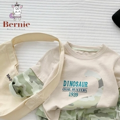 Set đồ bộ thun dài tay khủng long chất cotton cho bé trai họa tiết loang màu phối tay cho bé 1 đến 7 tuổi BERNIE 0723B007